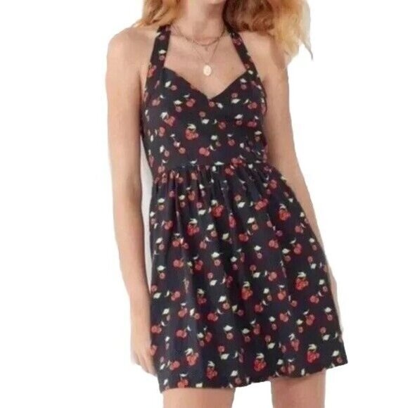 Urban Outfitters Dresses & Skirts - Urban Outfitter Women's M Black Red Halter Mini Dress Cherry Print Mamie Linen